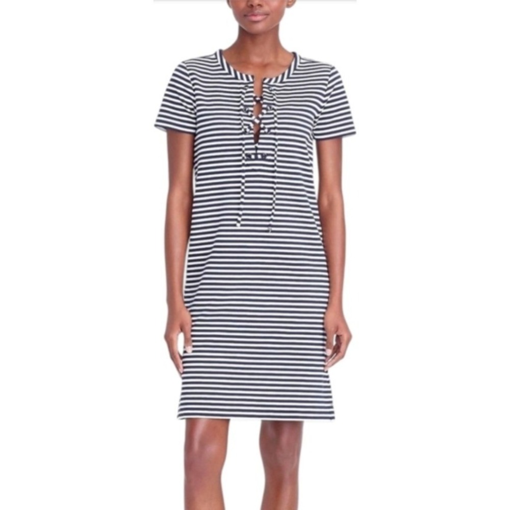 J Crew Striped Lace Up T Shirt Dress Navy White Comfort Size Medium NWT $90